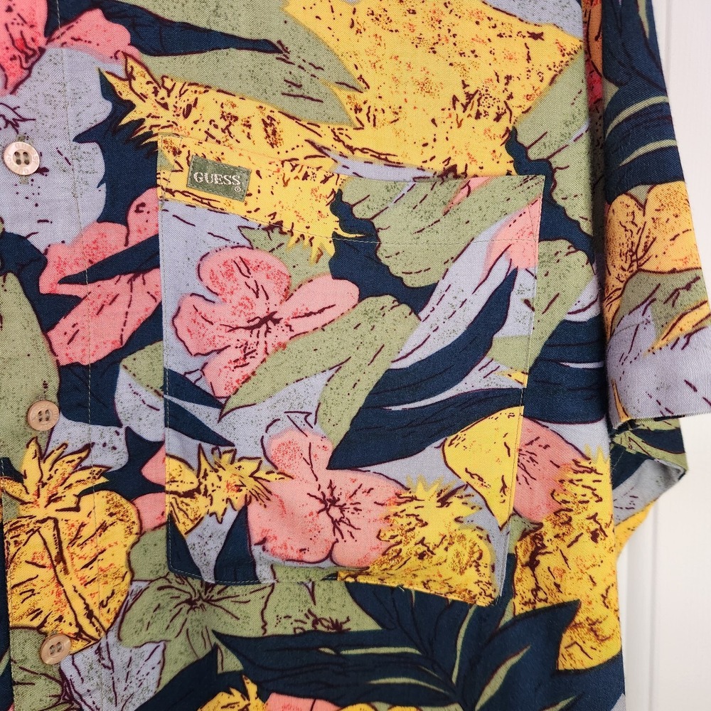 Vintage 80s 90s GUESS by Georges Marciano Medium Hawaiian Shirt Aloha Floral - Picture 6 of 10